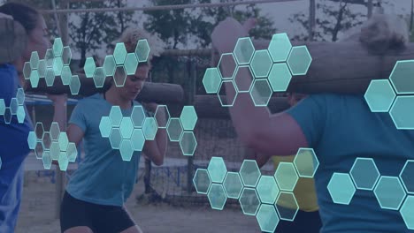 animation of shapes over diverse women at obstacle course carrying wooden bars