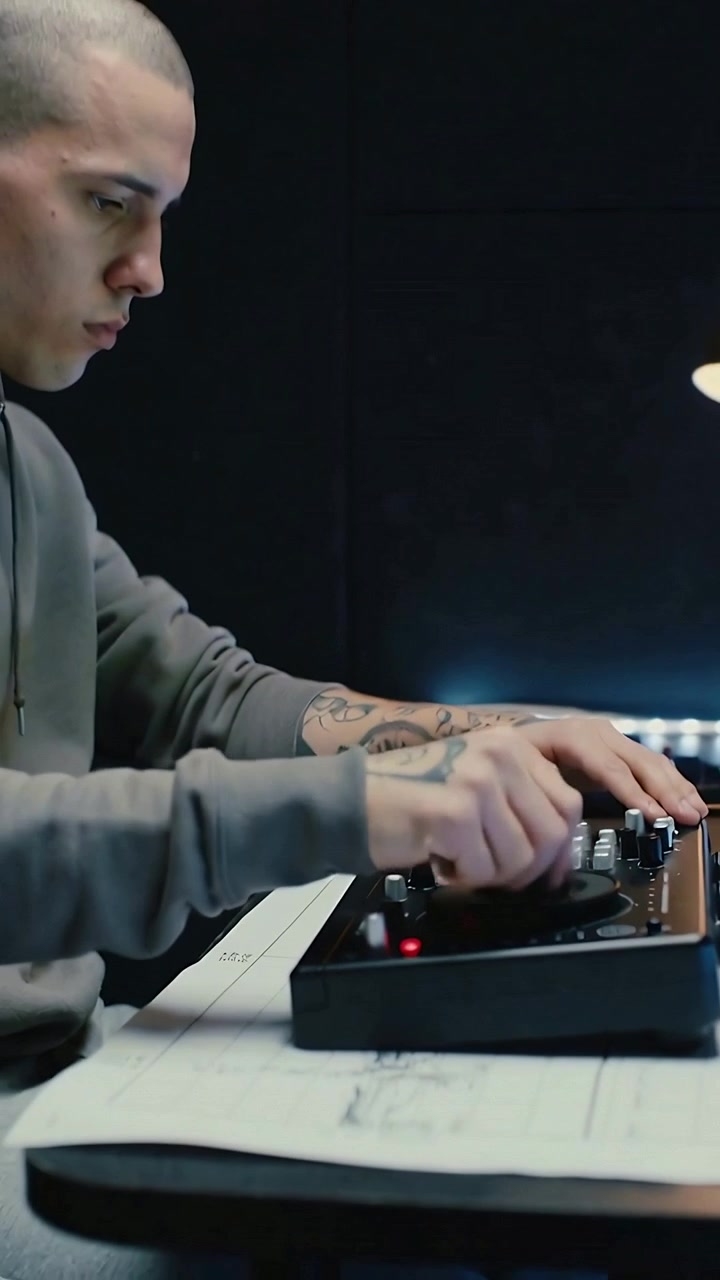 Video verticale: DJ in felpa grigia in studio che gira la jog wheel, inizia il set, regola le manopole e crea un mix.
