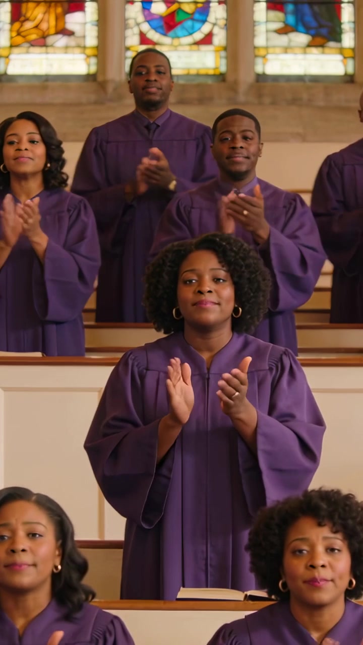 Vertical video: Singing choir lead clapping and smiling as hymn starts in church in purple robes