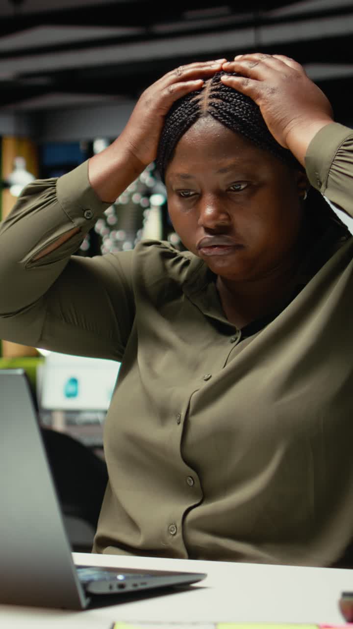 Vertical Video Distressed troubled worker struggling with mental exhaustion and discomfort