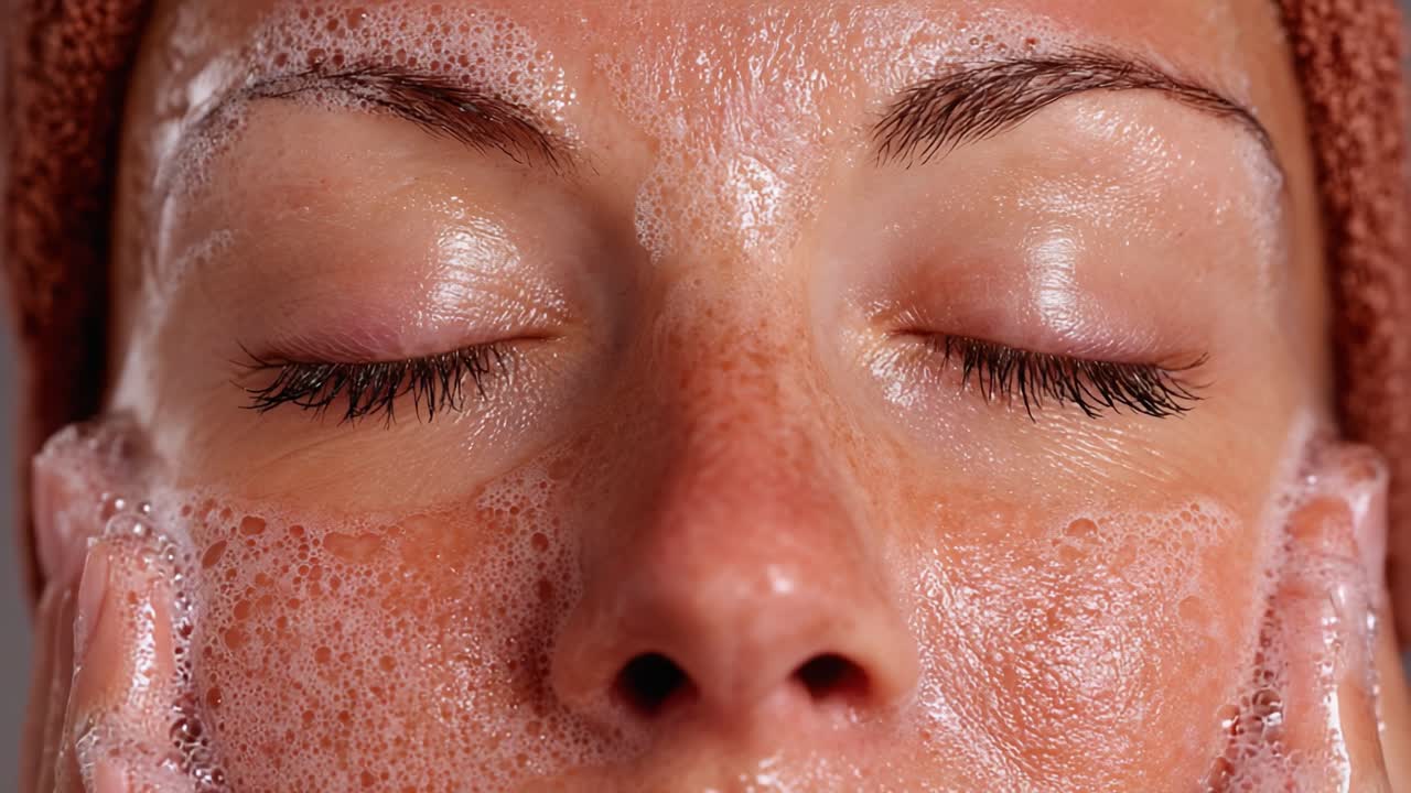 A Relaxing Skincare Routine Demonstrating Lather Application on a Woman's Face with Closed Eyes, Capturing the Essence of Cleansing and Hydration in Beauty Care