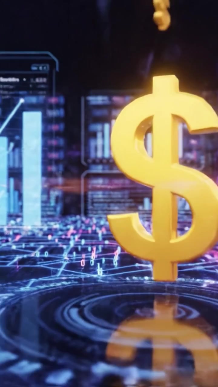 Visualización dinámica de moneda digital: Iluminando el mundo financiero con coloridos símbolos de dólar en medio de una red de tendencias de datos y análisis financieros