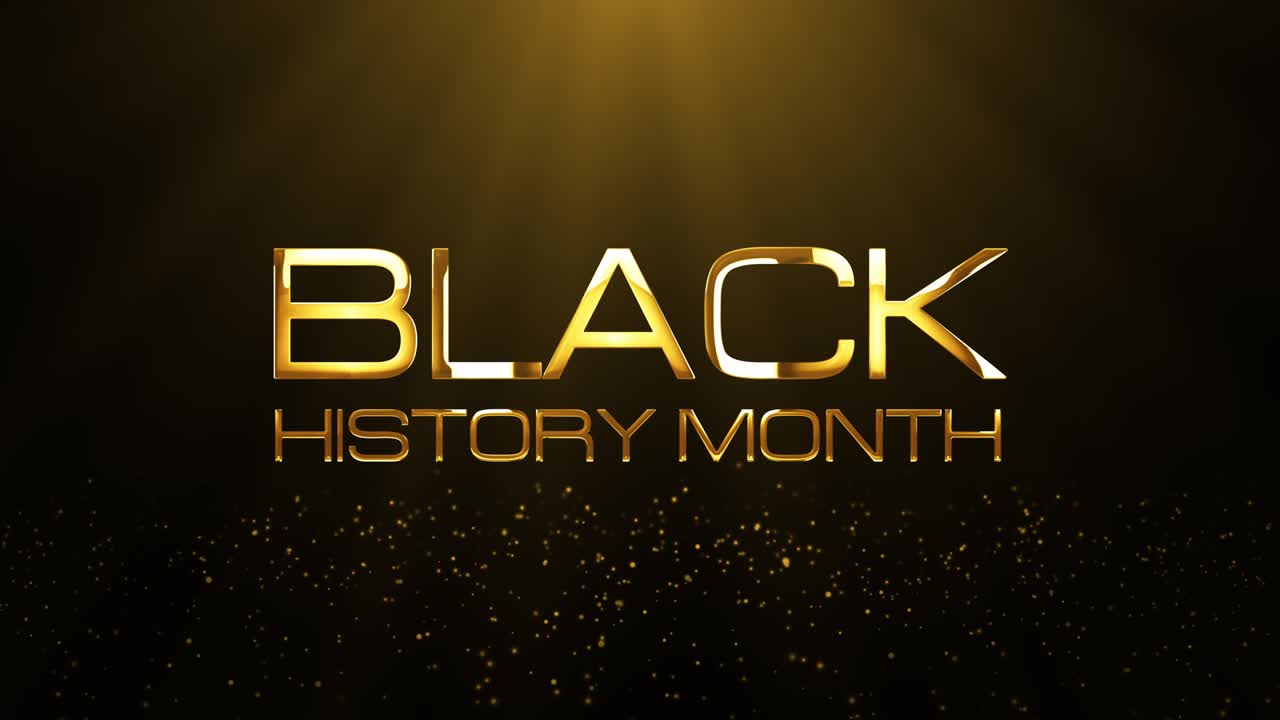 4k 3d 루프 블랙 히스토리 달 황금 반이는 입자 및 플레어 빛 배경 개념과 함께 황금 텍스트 블랙 히스트리 달 루프 영화 타이틀 트레일러 애니메이션 오프닝 인트로 문자 메시지