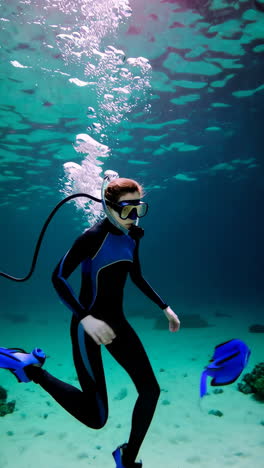 a person scuba diving in clear blue waters