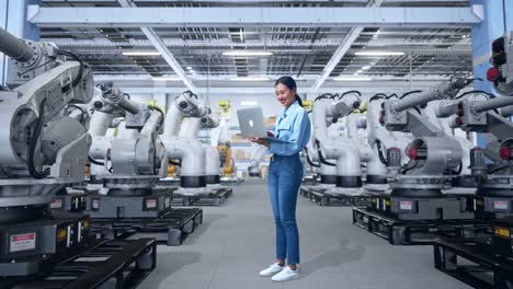 mujer ingeniera trabajando con robots en una fábrica moderna