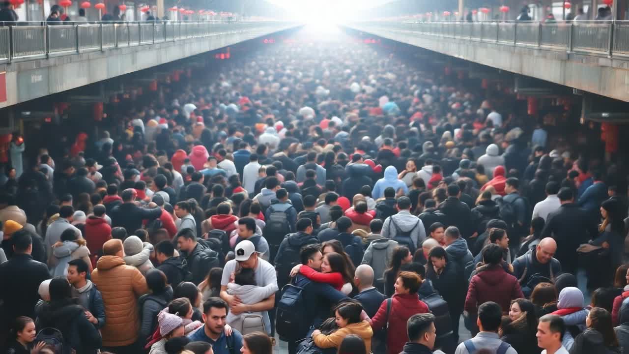 Diverse crowd of individuals gathered closely in a bustling urban environment, with a bright light illuminating the scene, creating a vibrant atmosphere of activity and connection