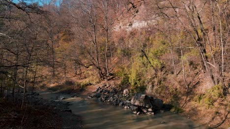 Luftaufnahme-über-Einen-Fluss-Inmitten-Eines-Blattlosen-Laubwaldes,-Sonniger-Herbsttag---Niedrige-Drohnenaufnahme