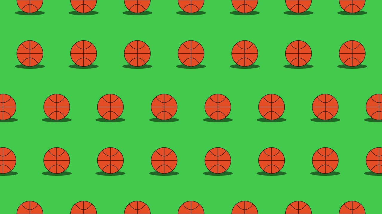 Seamless loop pattern with basketball balls on a green background. Sport balls in seamless loop animation. Endless activity motion graphic background