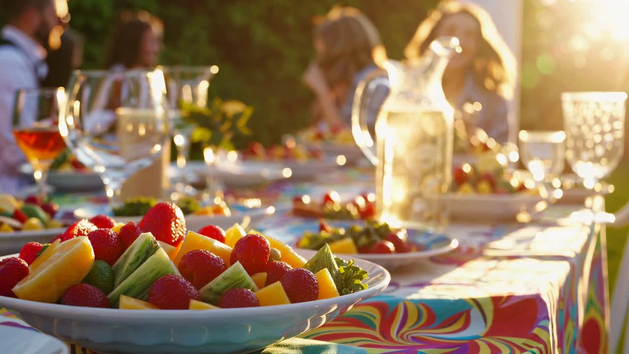 Outdoor dining scene with a colorful table setting. Plates of fresh fruit and glasses of drinks