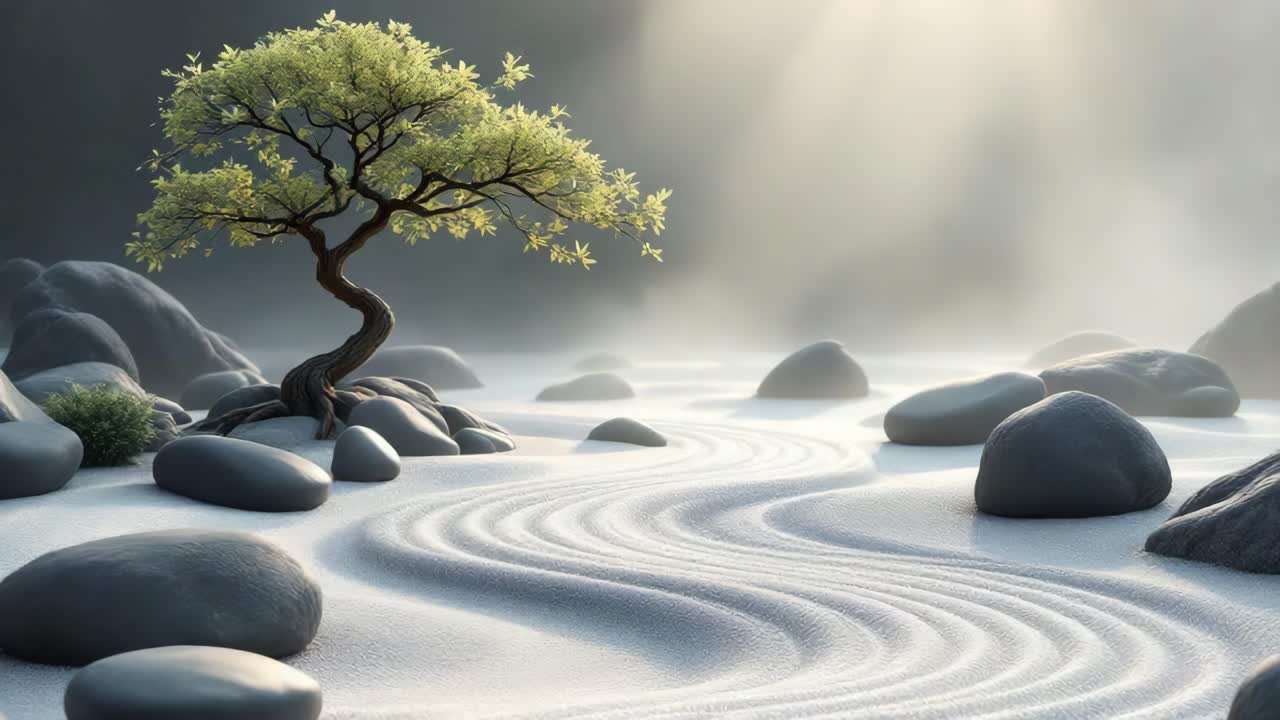 Serene landscape featuring a solitary tree amidst smooth stones and flowing sand patterns