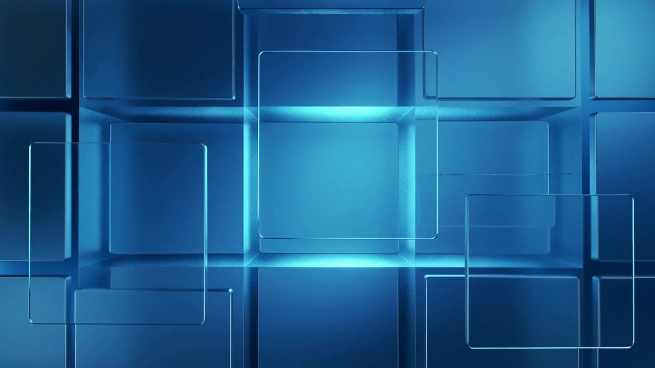 Brightening central tile initiating blue glass grid revealing floating panels and rising rods in 3D