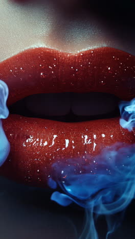 a woman's lips are painted red and she is surrounded by smoke. the image has a moody and mysterious feel to it, as the smoke seems to be obscuring the woman's face