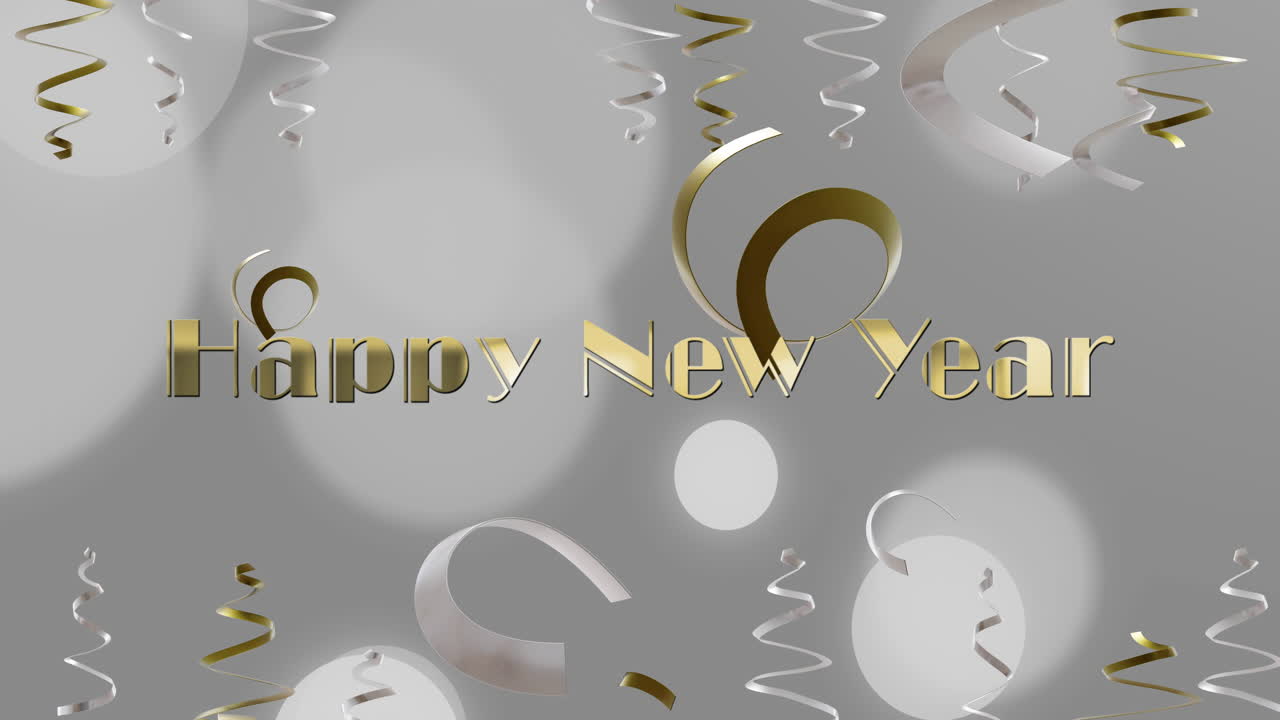 Animación de texto "Feliz Año Nuevo", serpentinas de fiesta y confeti en fondo gris