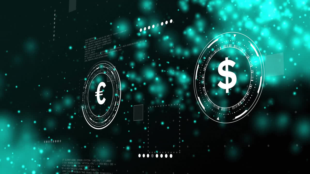 Euro to dollar currency exchange animation with glowing digital effects