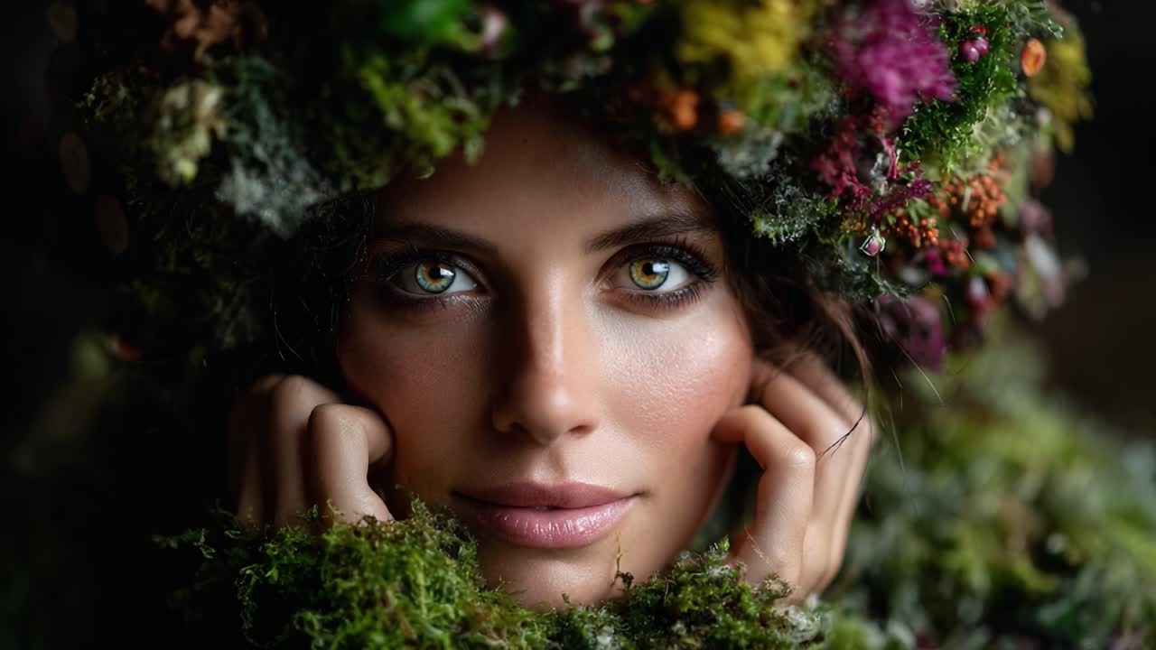 A Captivating Portrait of a Woman Surrounded by Nature's Beauty, Adorned with Floral Elements and Lush Greenery, Exuding an Ethereal Quality and Serenity