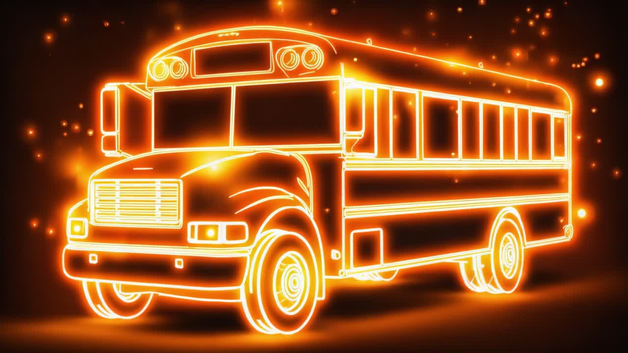 A Radiant Neon School Bus Animation: Exploring Electric Vibes and Modern Design in Educational Transportation with Vibrant Glowing Effects Highlighting Innovation and Route Adventures
