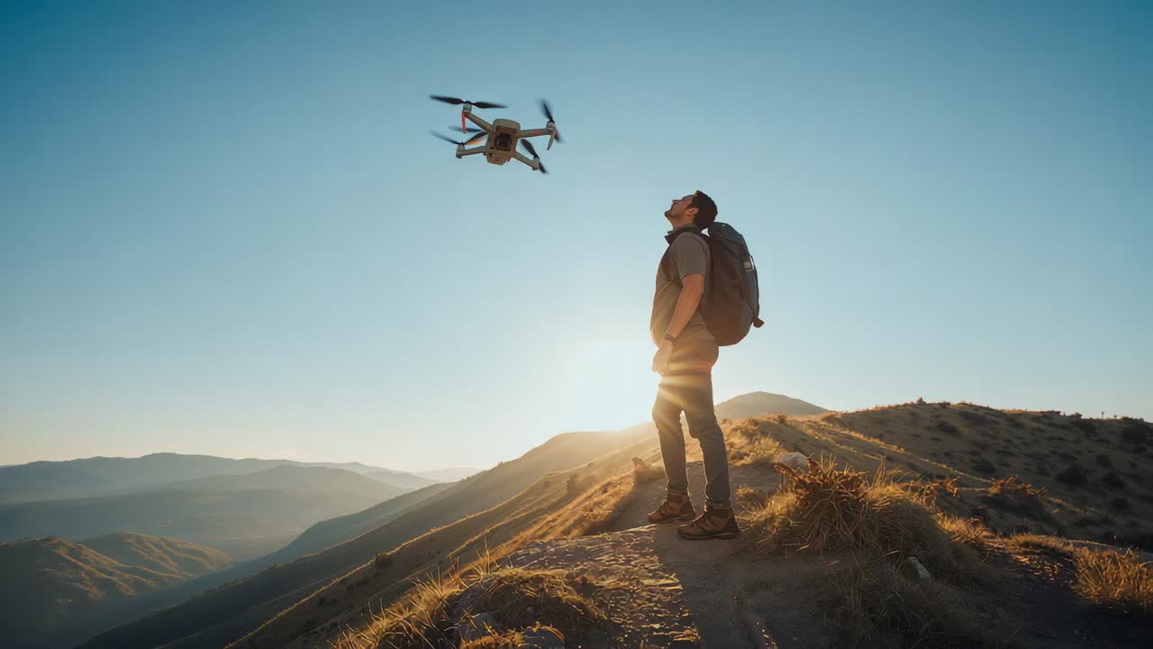 Watching adult male hiker monitoring drone entering left on sunlit ridge, with backpack, copy space