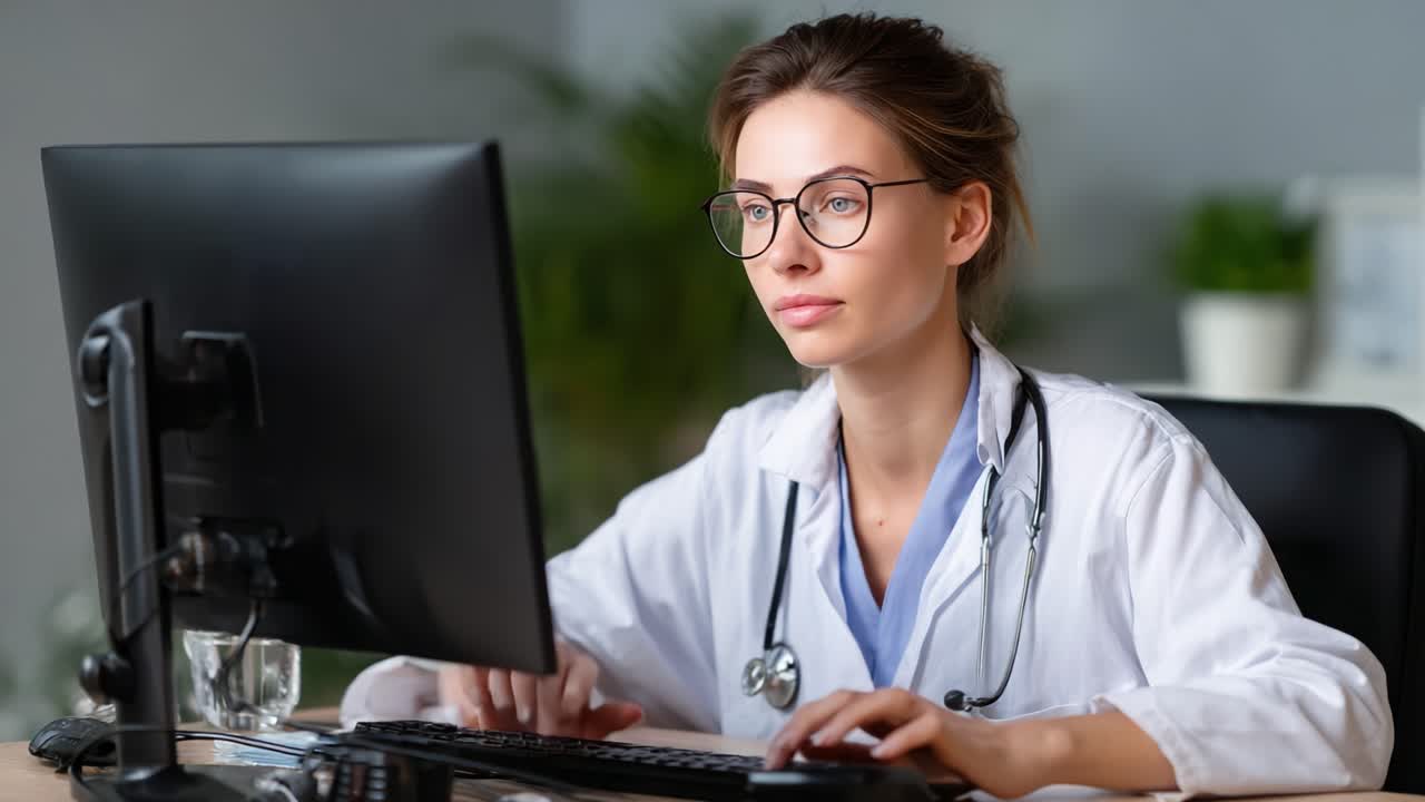 Focused Medical Professional Analyzing Data on Computer, Engaged in Detailed Clinical Work in Modern Healthcare Environment with Stethoscope at Hand
