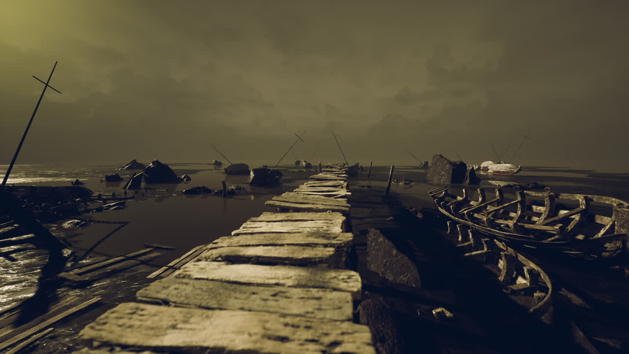 Dramatic landscape featuring abandoned boats and a weathered pathway at dusk