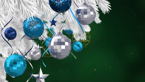 Animation-of-christmas-tree-with-baubles-and-decorations-over-snow-falling-on-green-background