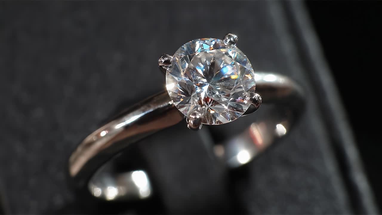 Primo piano mozzafiato di uno scintillante anello di fidanzamento con diamante catturato in due scatti, che ne evidenzia la brillantezza radiosa e l'elegante montatura per tutti gli appassionati di gioielli.