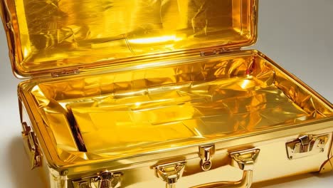 a gold briefcase sitting on top of a white surface