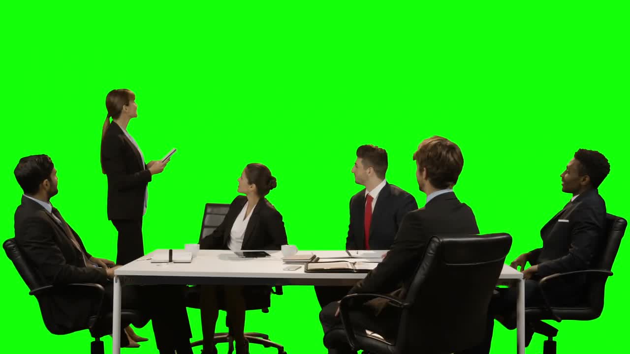 보이지 않는 화면을 통해 논의하는 비즈니스 임원 팀