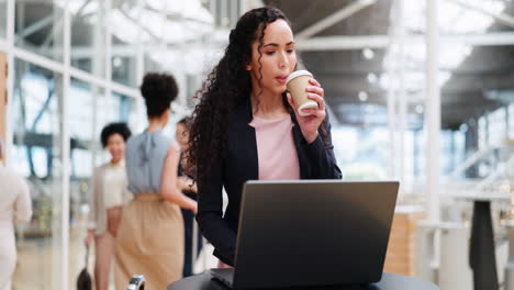 Coffee,-laptop-and-business-woman-in-airport