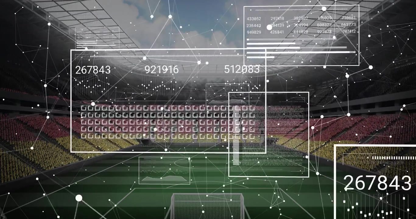 Animasjon av digitale data og nettverkstilkoblinger over en fotballstadionscene.