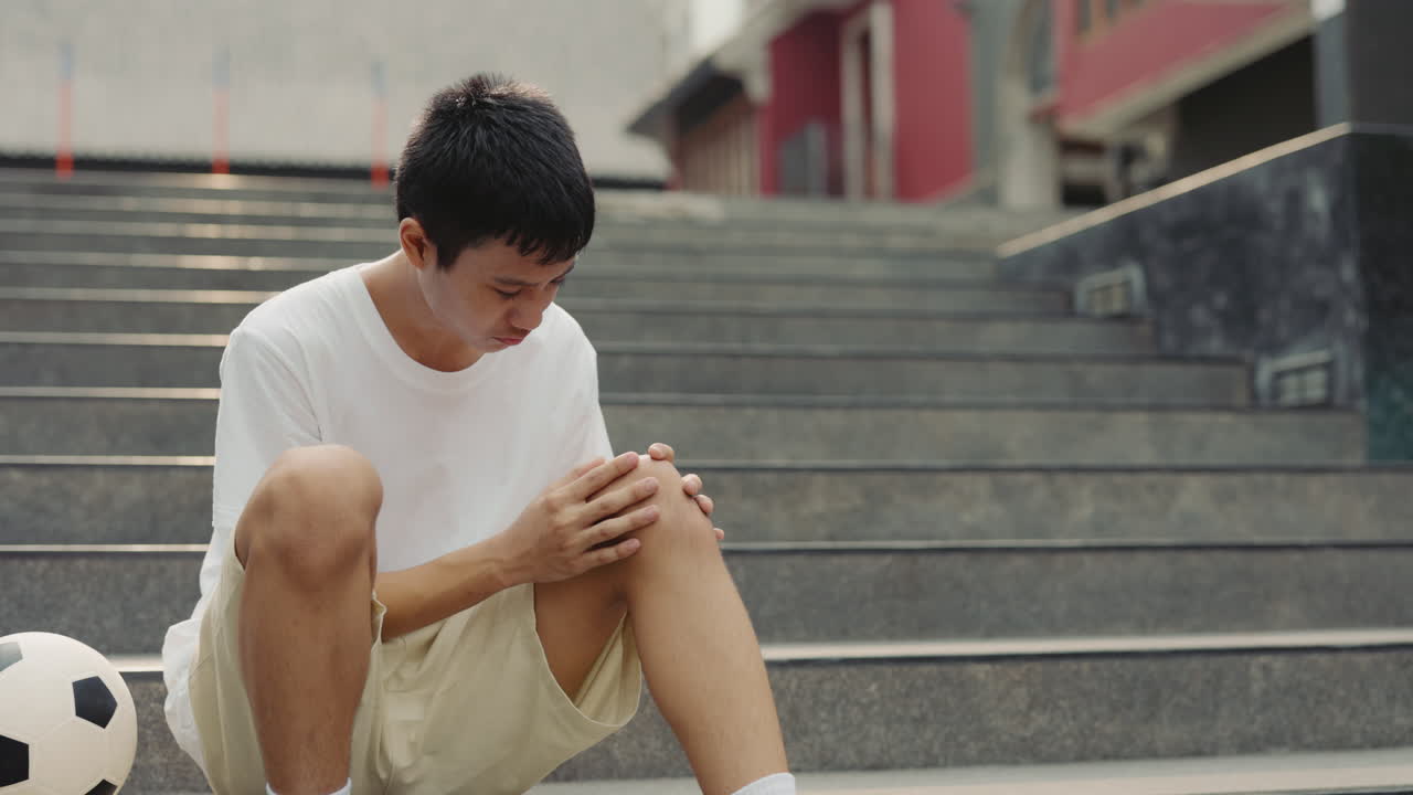 Teen Soccer Player with Knee Injury on Stairs