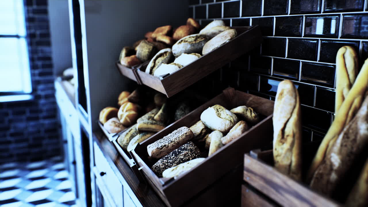 Ferskt brød på hyller i bakeri
