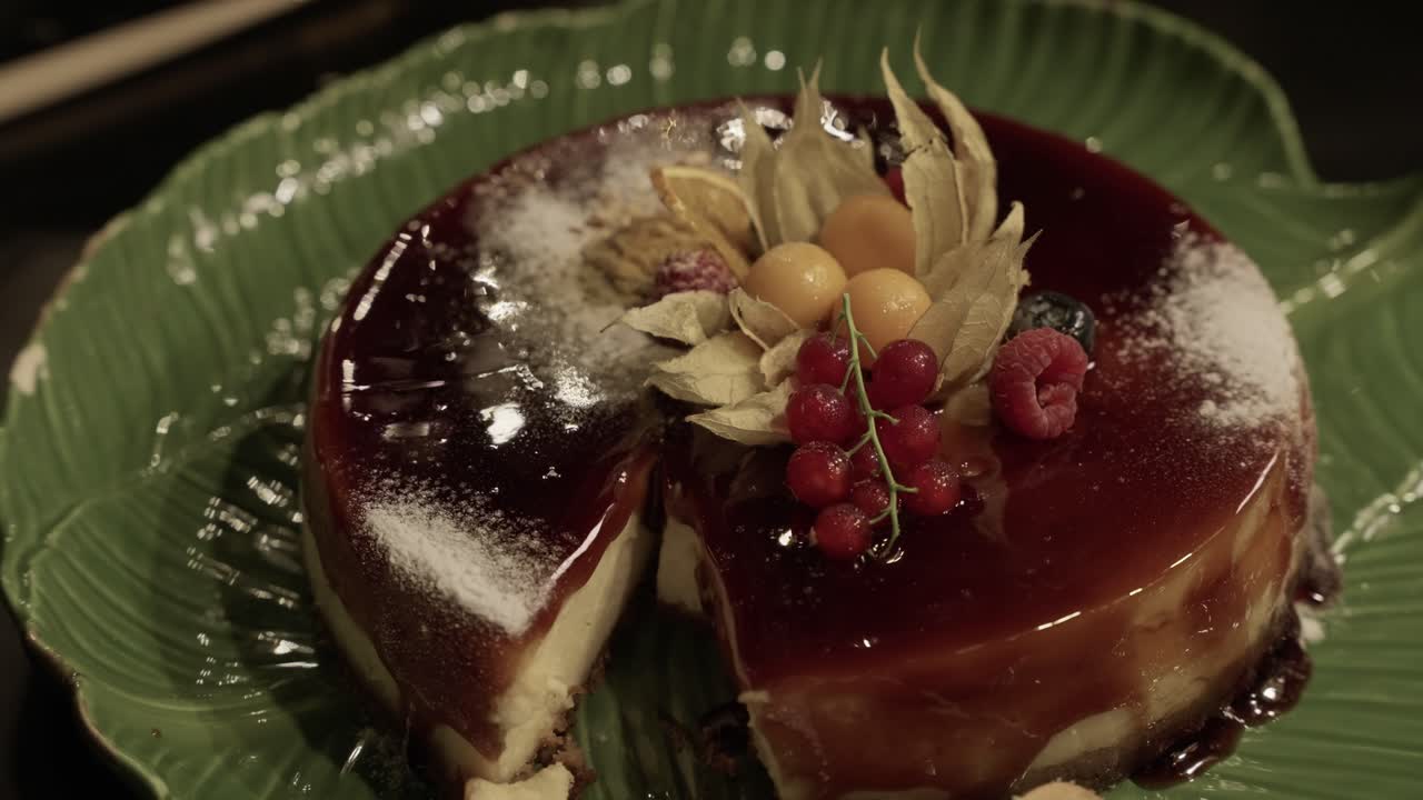 gourmet caramel flan topped with fresh berries and sugar served on green leaf shaped dish