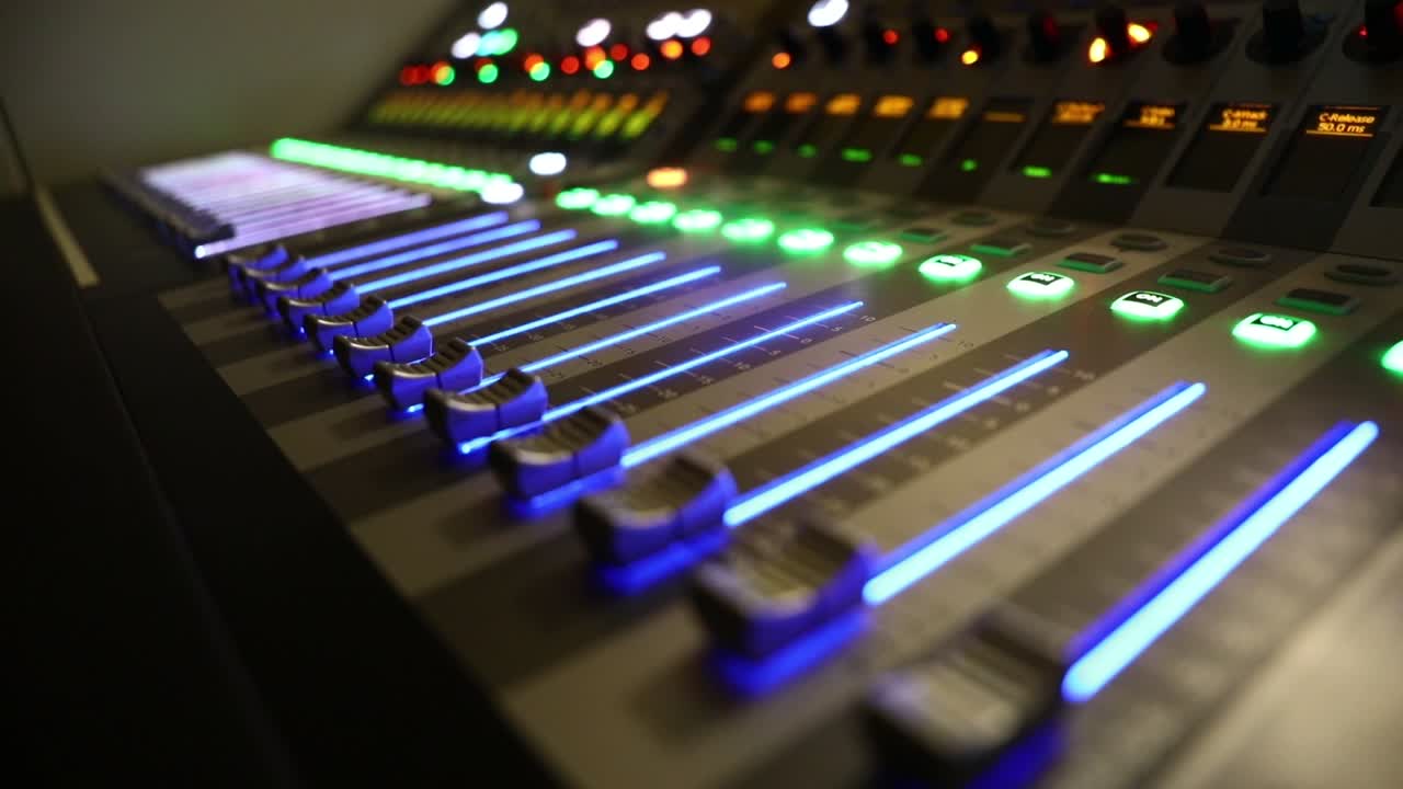 panel mezclador con botones coloridos que controlan los ecualizadores de audio y video en el estudio de televisión