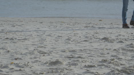 Ausgeschnittene-Ansicht-Von-Menschen-Am-Ufer-Mit-Weißem-Sand-Während-Eines-Sonnigen-Morgens