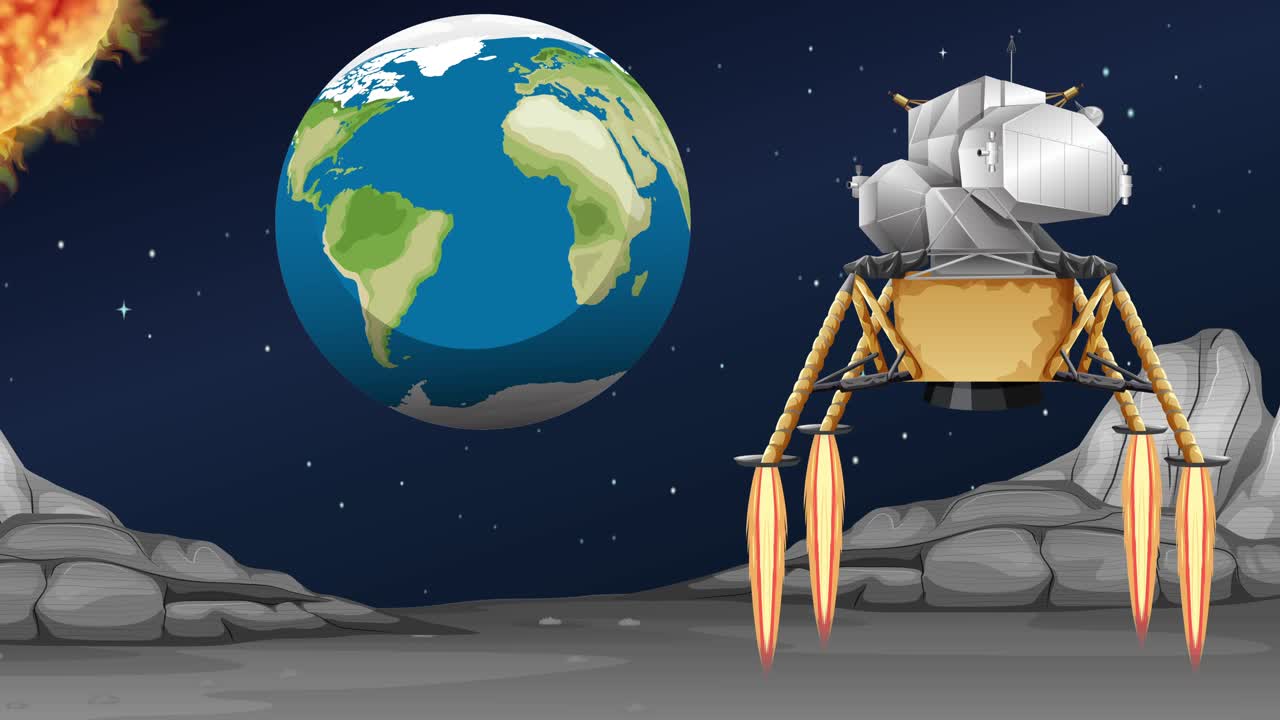 космический корабль приземляется на луне с видимой землей