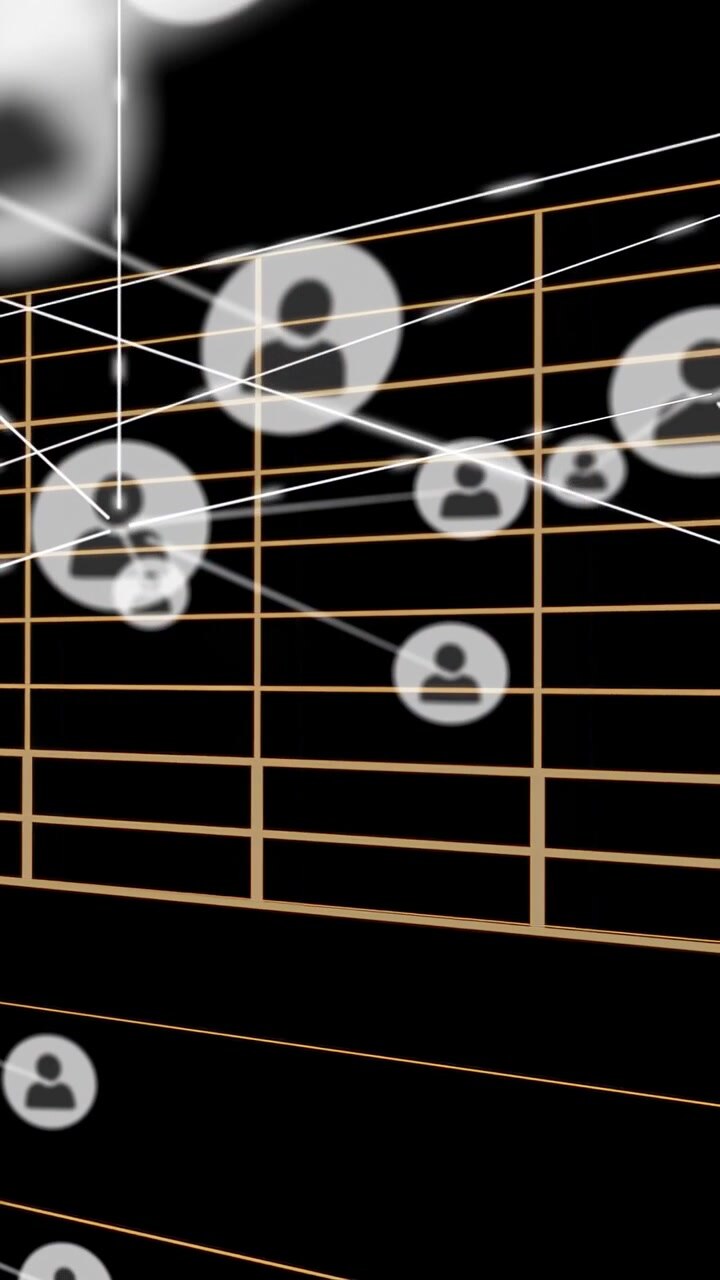Gold grid driving user nodes emerging on diagonal nodes linking growing and showing network growth