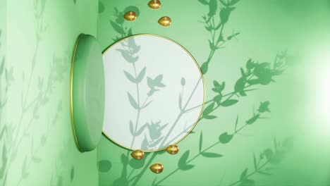 vertical of product display for jewelry luxury items with tree shade moved by a gentle breeze on green bright background e-commerce online shop sell