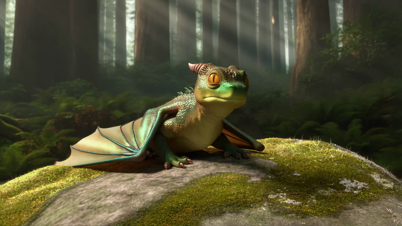 A cute baby dragon with green scales and small wings sits on a mossy rock in a sunlit forest