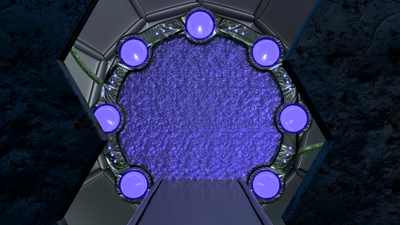 la escotilla oxidada de hierro abre una vista panorámica a la escena del paisaje de la nave espacial. fondo abstracto 3d de corredor de ciencia ficción con portal. tecnología futurista abstracto vj para títulos tecnológicos y fondo.