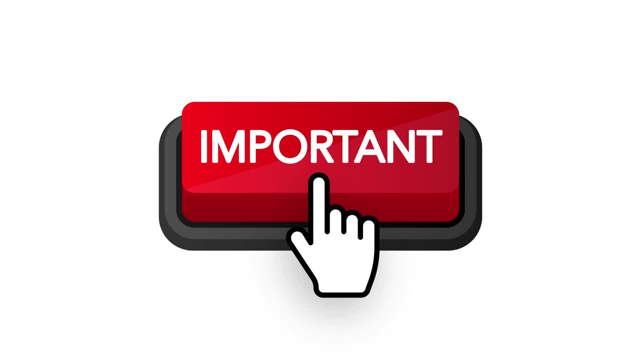 Important red button in 3D style on white background. Motion graphics.