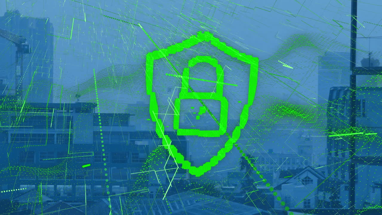도시 풍경 위의 디지털  ⁇ 락과 녹색 선의 애니메이션