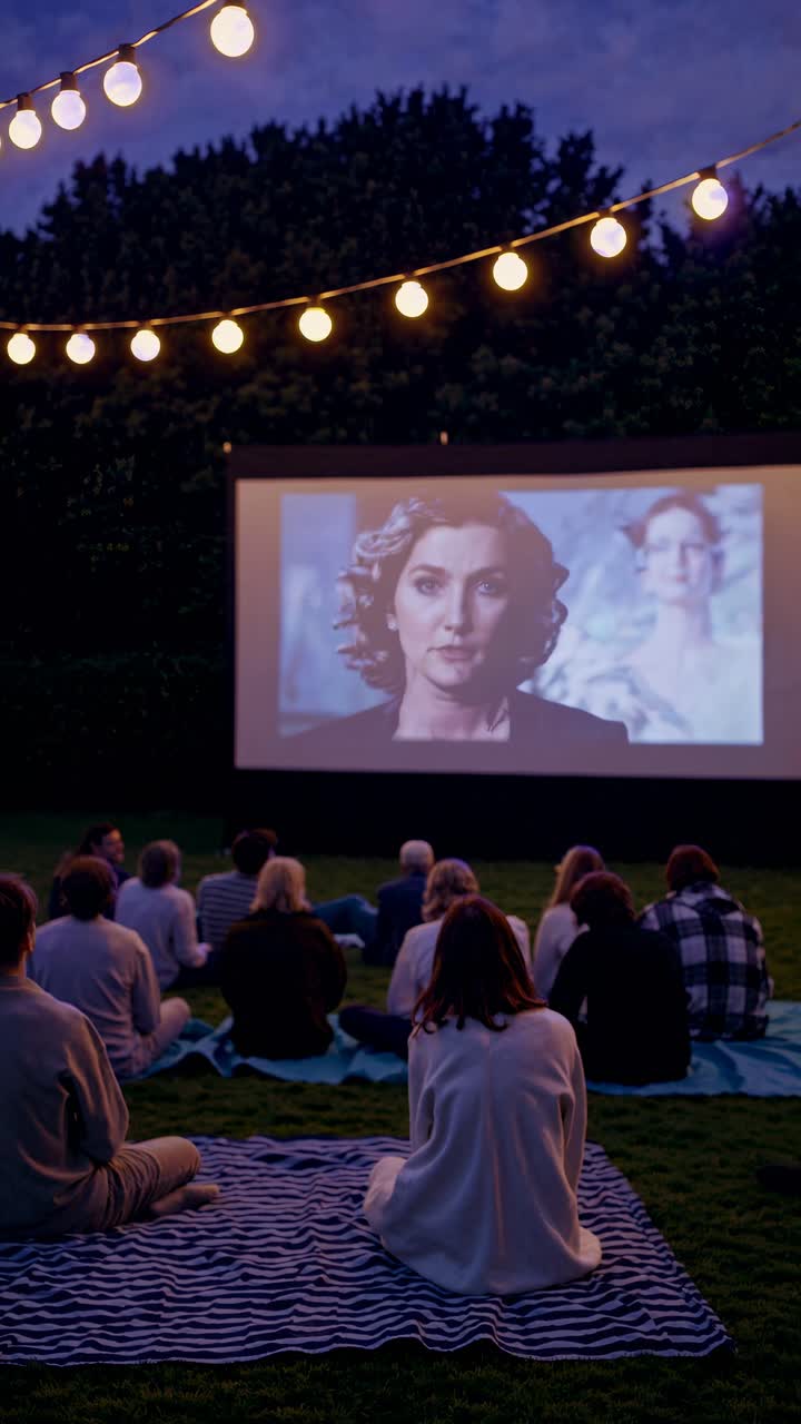 Serata cinema all'aperto con persone sedute su coperte che guardano un video su un grande schermo