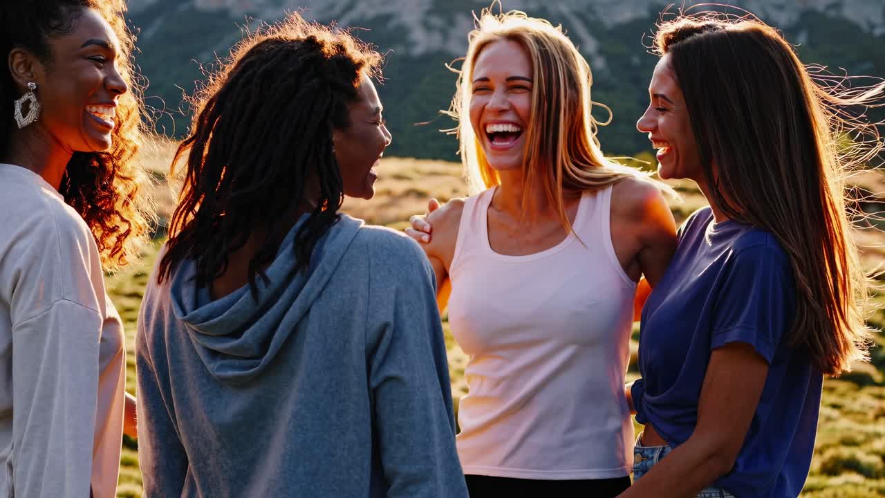 Four friends laughing outdoors, captured in a candid moment. The video features a low-angle shot