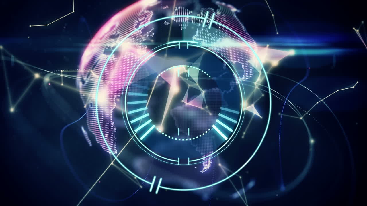 연결 네트워크의 애니메이션, 범위 스캐닝 및 검은색 배경 위의 지구