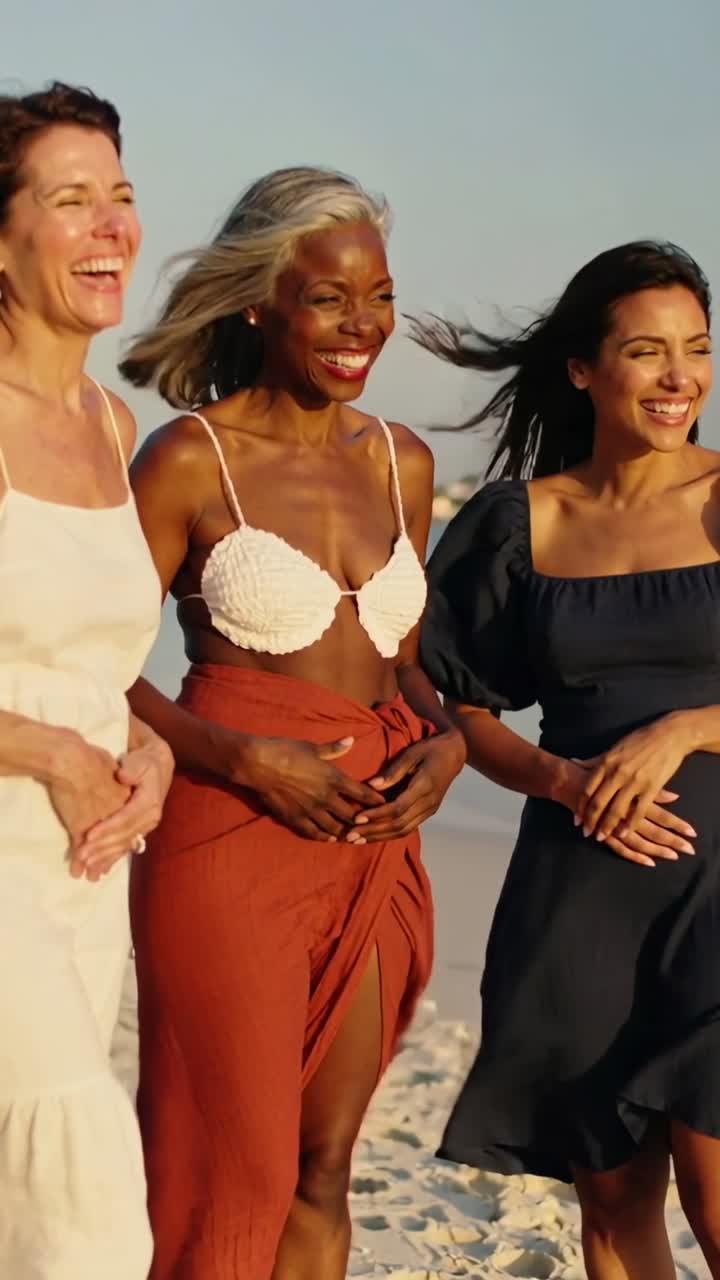 Vídeo vertical: Três mulheres caminhando e interagindo na praia, usando top de biquíni branco e canga vermelho-ferrugem.