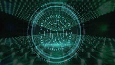 animation of cyber security text, blue scope and fingerprint over glowing blue lights