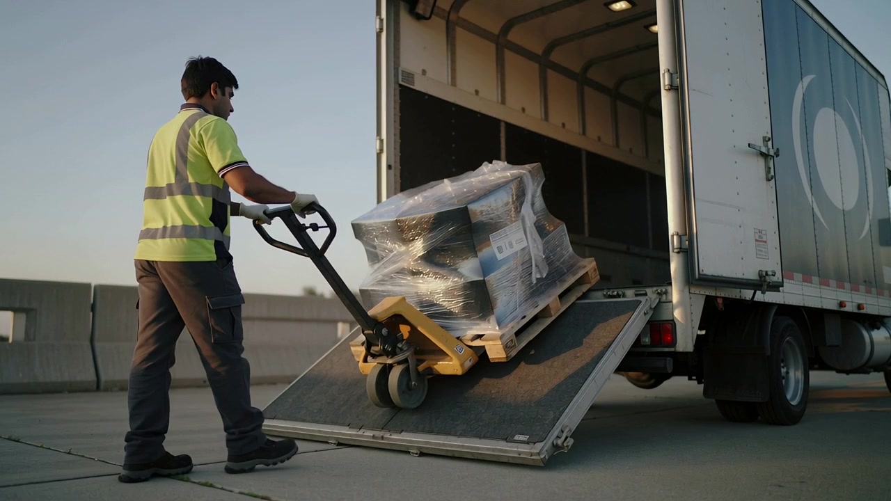Placing forks, hi-vis delivery worker pulling pallet up ramp into truck with pallet jack