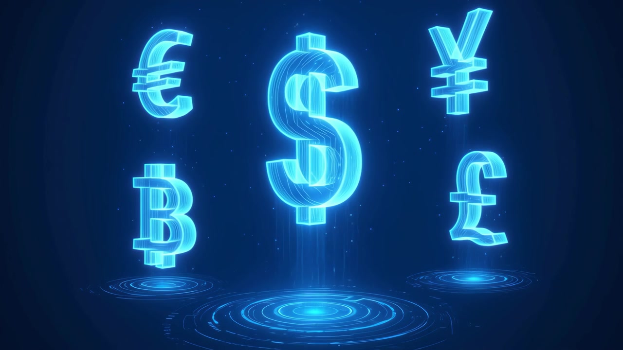 Holographic Currency Symbols Rotating in Digital Space