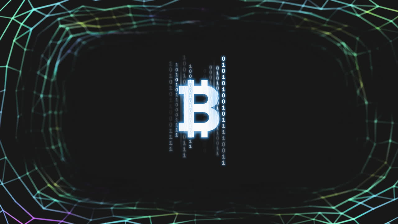 símbolo de bitcoin sobre una malla verde sobre un fondo negro.