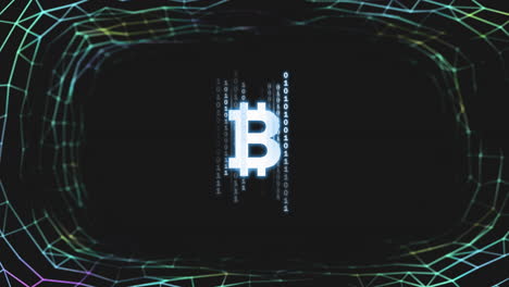 bitcoin symbol over green mesh on black background.